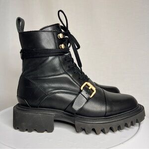 AllSaints Tori Women’s Gold Black Leather Ankle Combat Cap Toe Boots Sz 7 EUC
